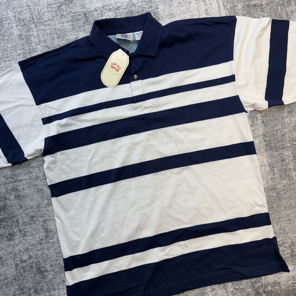 VTG Cape Isle Knitters Polo Shirt Mens XL Navy White Striped 90s Nautical Preppy